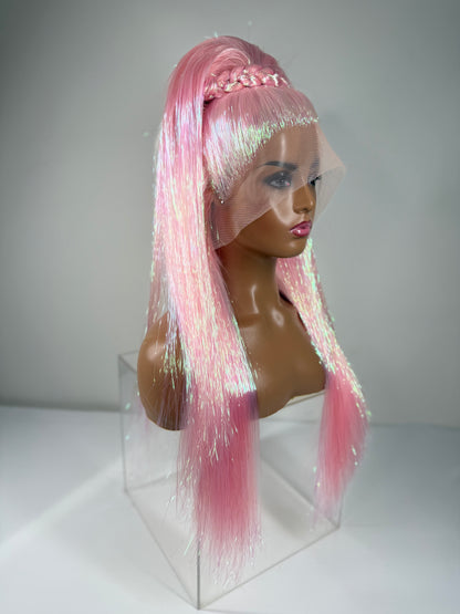 Pre-Styled Double Stacked Pastel Pink Tinsel Wig
