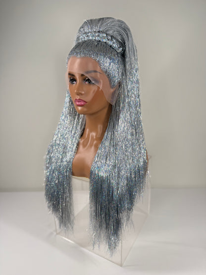Pre-Styled Double Stacked Silver Sparkle Tinsel Wig