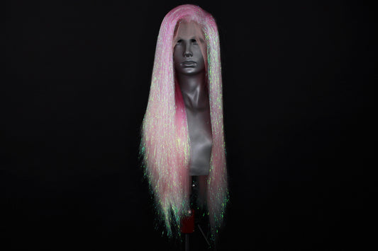 Plastic Pink Tinsel Wig